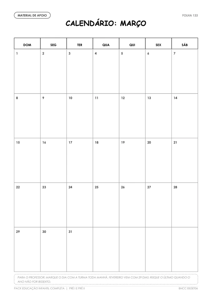 Calendário do mês para a sala