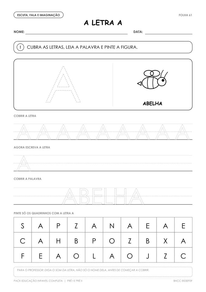 Folha da letra A com traçado pontilhado, palavra e figura para pintar